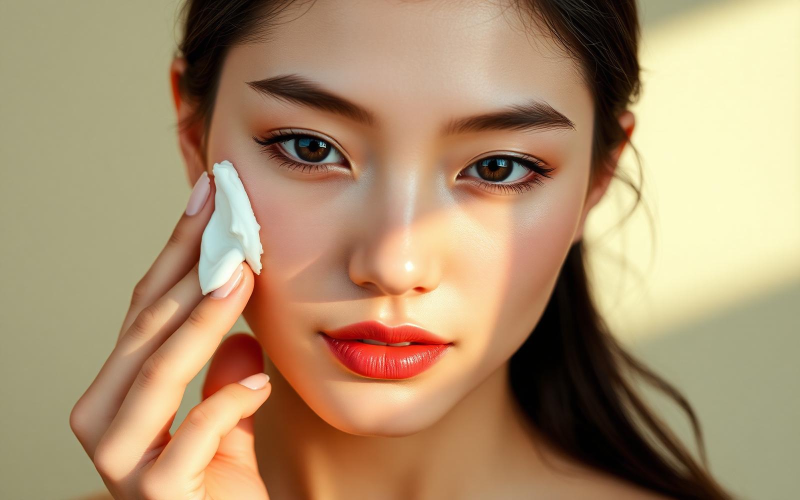 Editorial K-beauty portrait applying moisturizer to the cheek